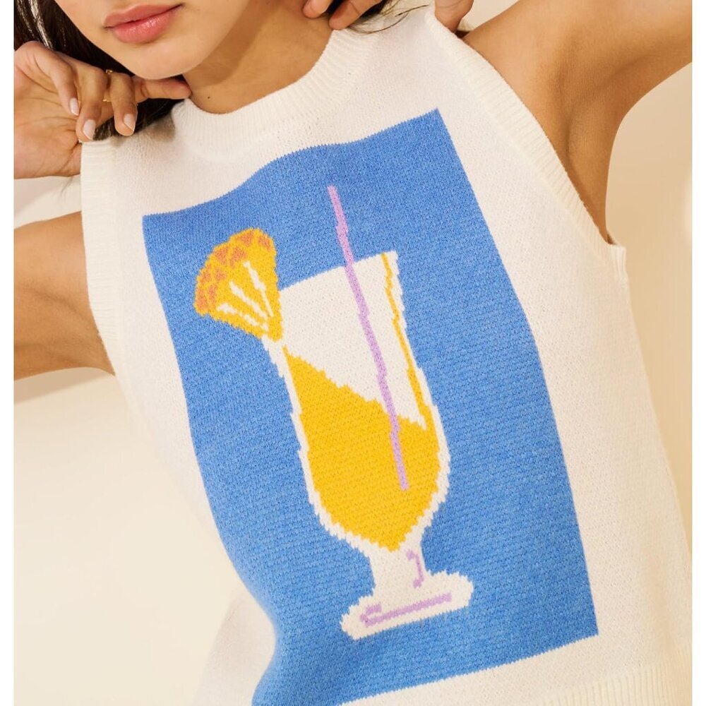 Women Sleeveless Crew Neck Sweater Vest Ribbed Knit Cute Juice Print - Picture 2 of 5